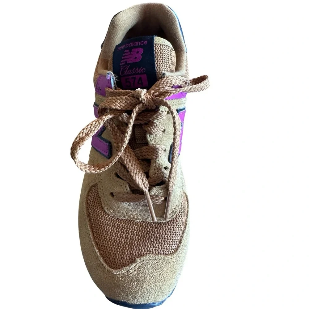 New Balance 574 Women's Workwear Jewel Size 6 Sneakers Tan Suede‎ Purple Accents